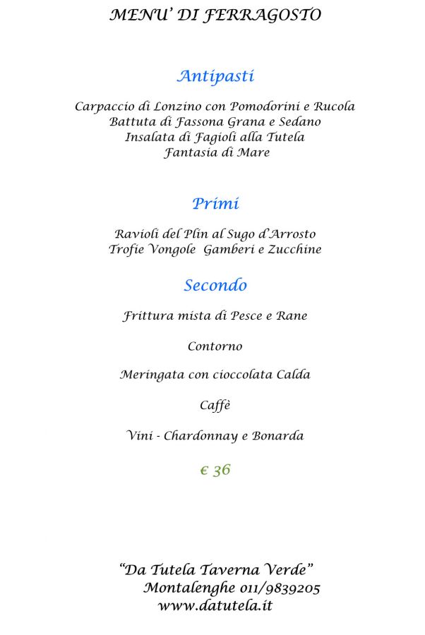 Menu di Ferragosto 2019 - Taverna Verde Montalenghe