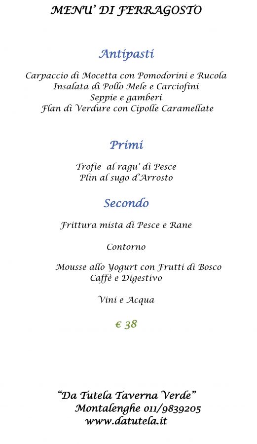 Menu di Ferragosto 2022 - Taverna Verde Montalenghe